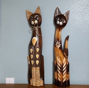 Two Carved Wood Cats Wall Art